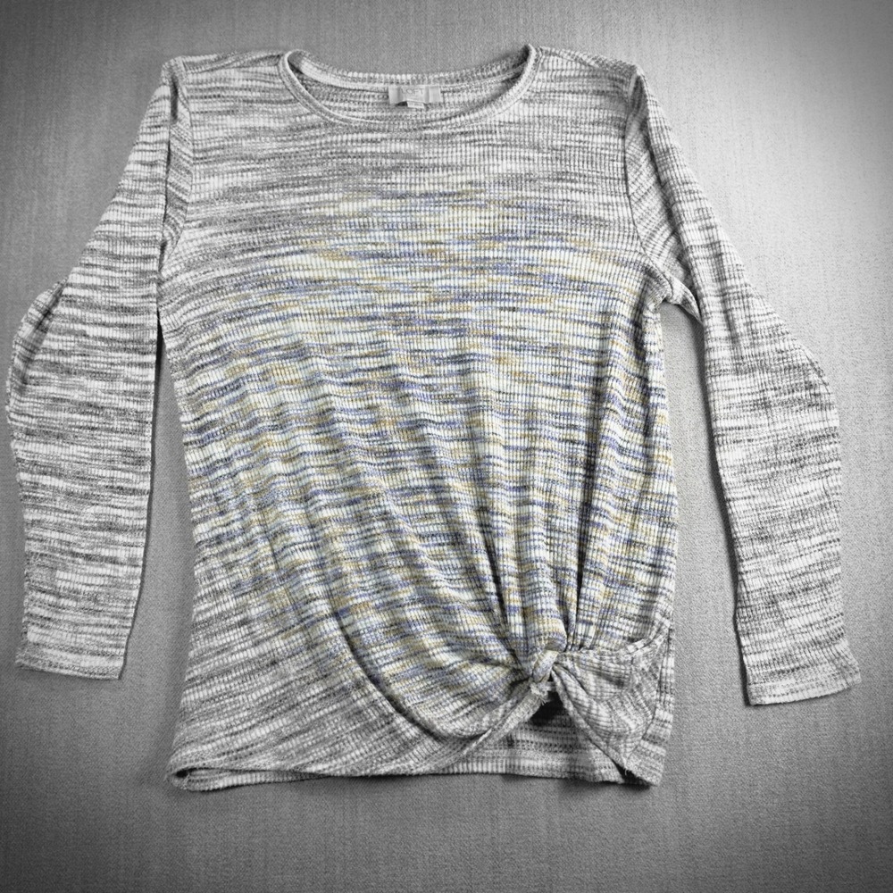 LOFT Knit Top Womens‎ LP Grey Space Dye Front Knot Long Sleeve Ribbed Shirt
